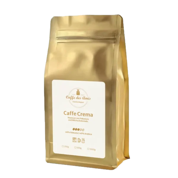 Caffe Crema von der Kaffeerösterei Caffe des Amis. Goldene Verpackung mit weißem Etikett.