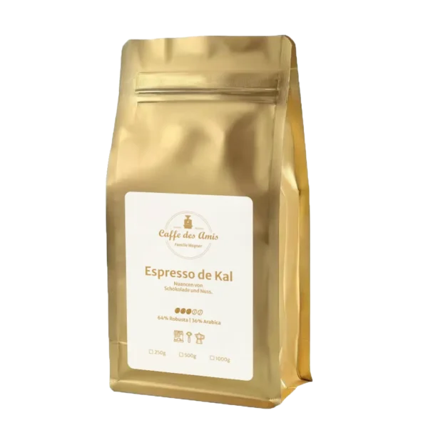 Espresso de Kal von der Kaffeerösterei Caffe des Amis. Goldene Verpackung mit weißem Etikett.