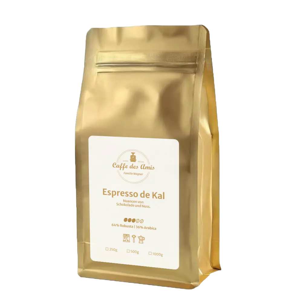 Espresso de Kal von der Kaffeerösterei Caffe des Amis. Goldene Verpackung mit weißem Etikett.