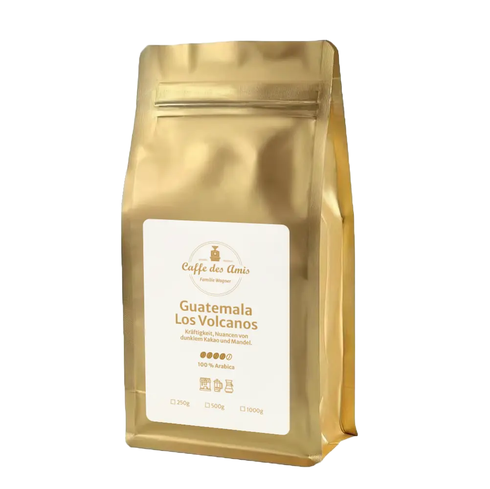 Guatemala - Los Volcanos von der Kaffeerösterei Caffe des Amis. Goldene Verpackung mit weißem Etikett.